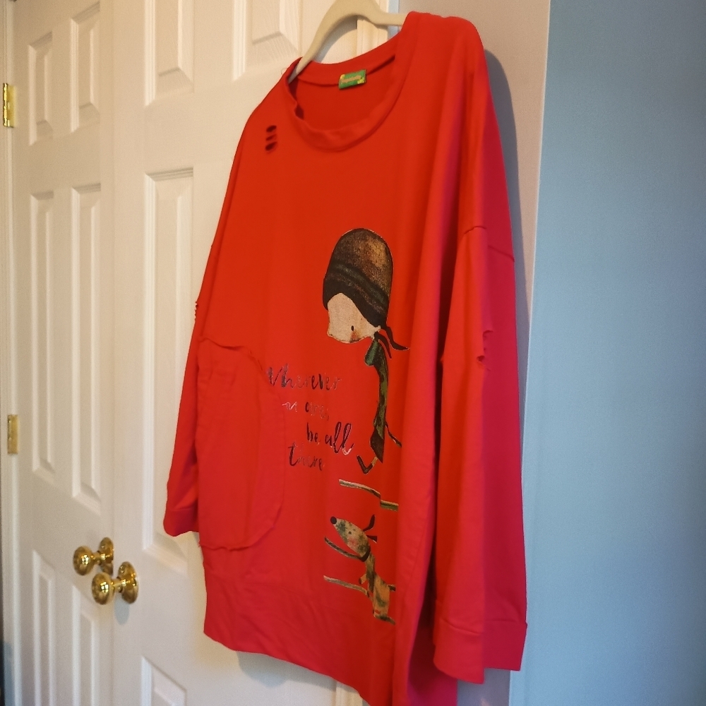 Oversized Graphic Long Sleeve‎ Top - Distressed 'Wherever U care"' 100% Cotton - Picture 16 of 16